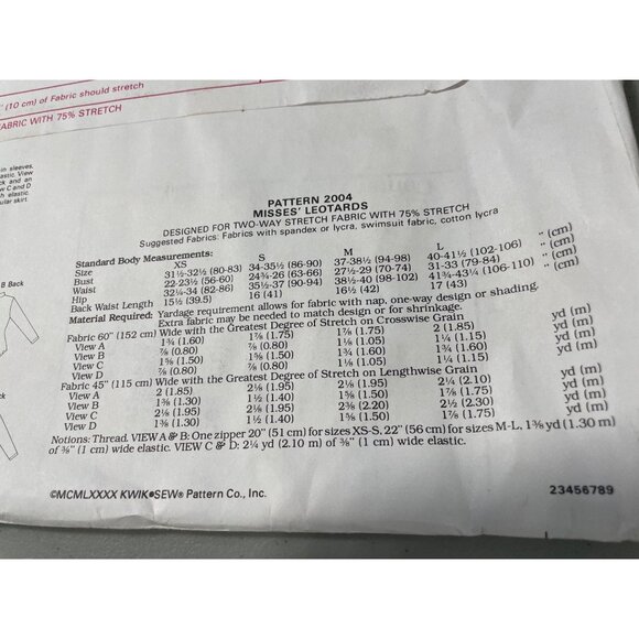 Kwik Sew Pattern 2004 Size XS-Large Long Sleeve Leotards With Skirt Stretch NEW - Picture 6 of 6